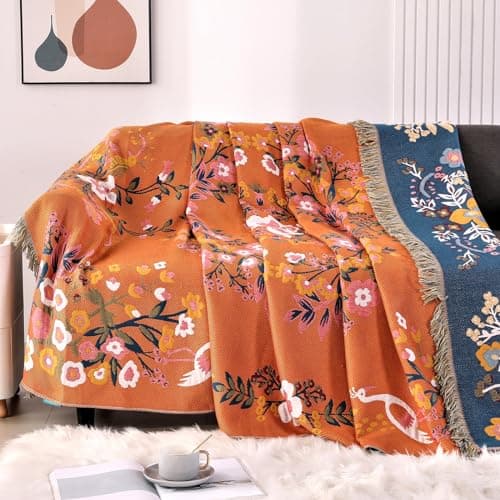 Image of DECMAY Double-sided Throws for Sofas Large, Boho Sofa Throw Blanket with Tassels, 100% Organic Cotton Sofa Throws Large 2 3 4 seater for Bed Armchair and Couch, 150x200CM(60×80In)