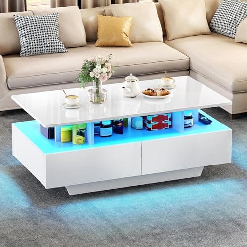 Image of YITAHOME Coffee Table with Storage, High Glossy 16 Color Adjustable LED Coffee Tables for Living Room, white Coffee Table with Open Display Shelf and 4 Drawers, Modern Wooden Rectangle Tea Table