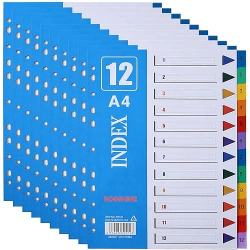 Image of 1-12 Part File Dividers A4, 【10Pack】 Plastic A4 Folder Dividers for Ring Binders with11-Holes & Content List, Multi-Colour Index Dividers for Lever Arch Files Ideal for Office School