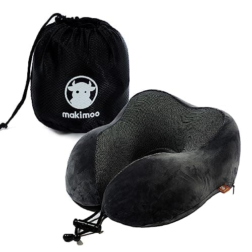 Image of Makimoo Memory Foam Travel Pillow, Neck Pillow with 360-Degree Head Support, Comfortable and Lightweight, Ideal for Sleeping on Airplane, Car, Train, Bus and Home Use, Comes with Storage Bag (Grey)
