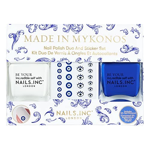 Image of Nails Inc Made In Mykonos Duo & Stickers, Long Lasting, Glossy Nail Colour, High Shine, Air Dry, Full Coverage, Chip Resistant, Salon Quality Manicure, Nail Kit, Cruelty Free, Vegan, 2 Piece Set