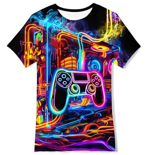 Image of ALISISTER Boys Short Sleeve Shirt Neon Gamepad 3D Graphic Tees Shirt Round Neck Shirts Tops for 11-12 Years