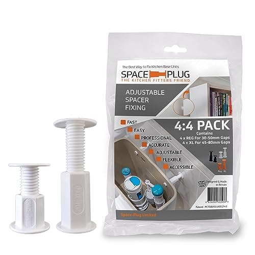 Image of Space-Plug Adjustable White Spacers 8 Pack, (4 Regular size for 30-50mm gaps, 4 XL size for 45-80mm gaps), Professional & DIY use for kitchen, bedroom, bathroom & furniture installations