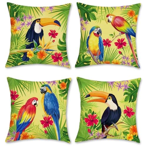 Image of Bonhause Tropical Birds Cushion Covers 45 x 45 cm Toucan Parrot Decorative Throw Pillow Covers Polyester Linen Pillowcases for Sofa Bed Home Patio Outdoor Decor Set of 4