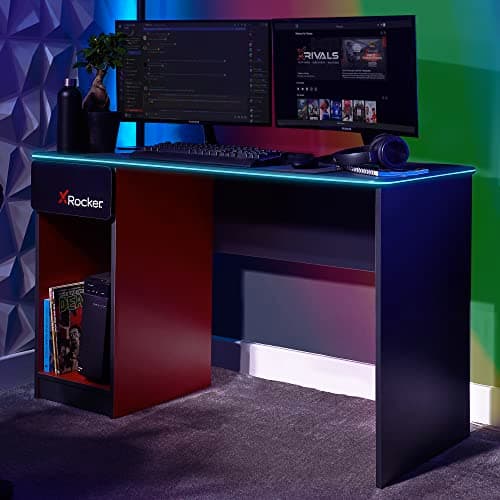 Image of X-Rocker Carbon-Tek 120cm x 50cm, RGB LED Gaming Desk - Neo Fibre Lighting, Built-In Drawer, PC Storage Shelf, Free Standing, Durable, Sturdy Wooden Frame for Kids & Teens - Grey & Red