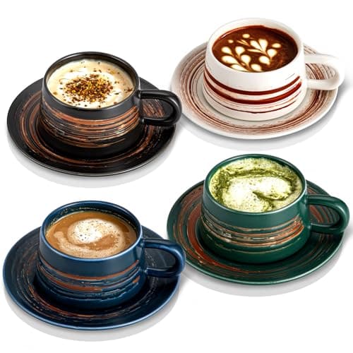 Image of YUN TAO 8oz/240ml Ceramic Cappuccino Cups with Saucers Set of 4, Ergonomic Handle Mugs for Tea, Espresso & Latte - Home & Cafe Use