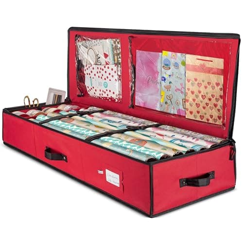 Image of Premium Christmas Bauble Storage Box – 600D Oxford Polyester, Heavy-Duty Cardboard, Dual Zipper, 103cm, 2 Clear Vinyl Pockets, Dividers & Elastic Straps for Ornaments (Red)