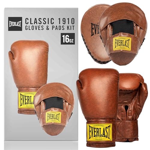 Image of Everlast 1910 Classic Training 16oz Boxing Gloves and Focus Mitts (Brown) Hook & Loop Synthetic Leather Boxing Gloves for Bags & Work, Protective and Comfortable Equipment - Authentic Everlast Gear