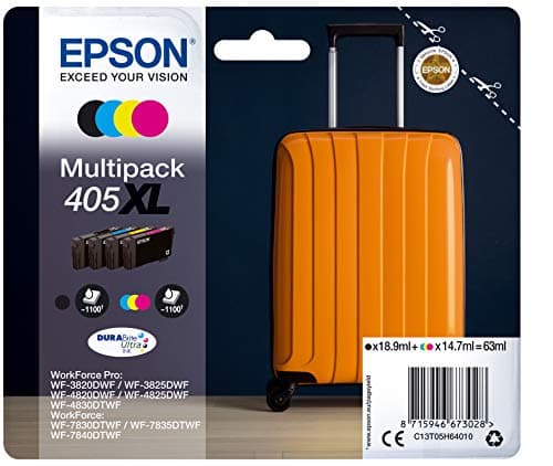 Image of Epson Ink Cartridges, DURABrite" Ultra, 405XL, Multipack, 1 x 16.3 ml Black, 1 x 10.8 ml Cyan, 1 x 10.8 ml Magenta, 1 x 10.8 ml Yellow, XL, RF+AM