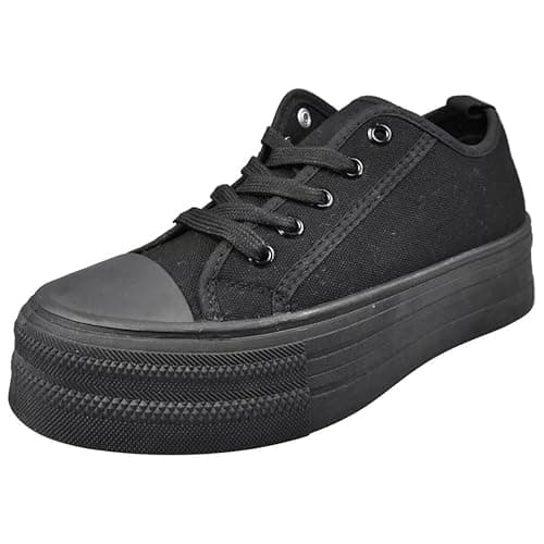 Image of LoudLook Ladies Platform Trainers Canvas Pumps Gym Lace Up Comfy Heel Summer Casual Shoes Sizes Black 6