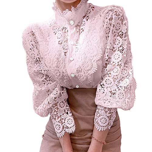 Image of Women’s Elegant Lace Trim Shirts Casual Victorian Blouse Long Sleeve Button Down Tops, Pink, Large