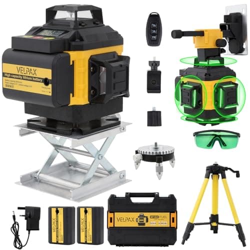 Image of Laser Spirit Level with Tripod,4x360° Self-Leveling Laser Level with 16 Green Lines,LED Display,Remote Control,Pulse Mode,Tool Box,and IP54 Waterproof