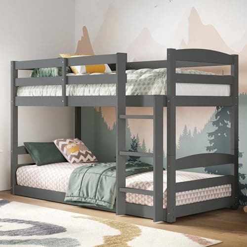 Image of Flair Furnishings - Shasha Shorty Bunk Bed with Maxitex Deluxe Pocket Sprung Mattresses, Low Bunk Beds for Kids, Heavy Duty Frame, Comfortable and Supportive Mattresses, Space-Saving Design (Grey)
