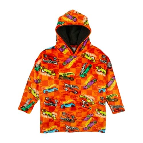 Image of Hot Wheels Hoodie For Kids | Boys Oversized Hoodie Soft Fleece Blanket | Sherpa Hood Lining | Car Gift For Boys | One Size Fits All Age 4-10 Years Orange