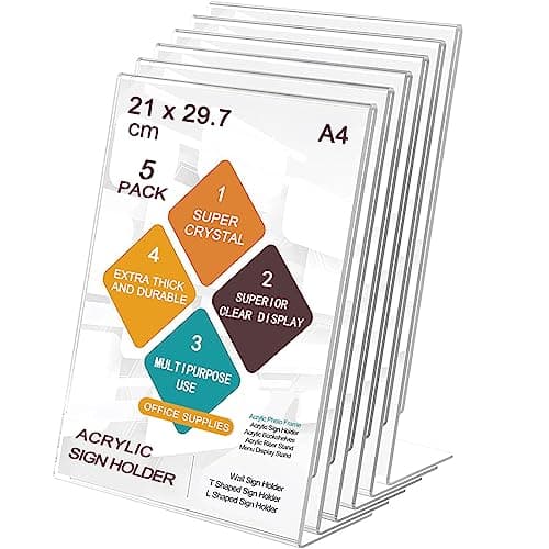 Image of ROSSHINE A4 Acrylic Sign Holder, 5pack L-Shape A4 Perspex Display Stand, Clear Poster Menu Holders for Office School Shop Restaurant