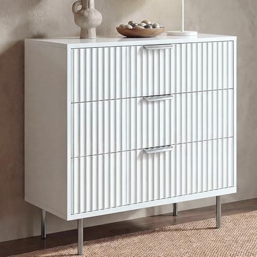 Image of Blisswood Fluted 3 Drawer Chest of Drawers, Painted Bedroom Storage Unit with Metal Handles, Wooden Dresser with Smooth Glide Drawers and Large Top Surface for Bedroom, Living Room & Hallway_White