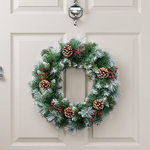 Image of Christow Flocked Christmas Wreath with Pine Cones & Berries for Front Door, Luxury Pre Decorated Artificial Wreath, Home Xmas Decoration, Natural Looking PE & PVC Needles, Easy Hanging (45cm)