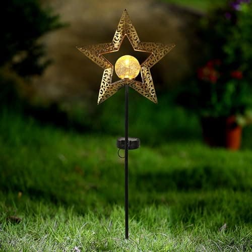 Image of Taylor & Brown Solar Lights Outdoor Landscape Decor Star Lantern for Patio, Lawn or Pathway Decorations Crackle Glass Globe Stake Metal Lamp Waterproof Warm White LED Garden Light