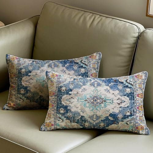 Image of Vorysum Set of 2 Bohemian Style Cushion Covers 30x50 cm Retro Floral Mandala Compass Medallion Decorative Long Throw Pillow Covers 12x20 Inch Sofa Pillowcase for Bed Living Room Couch Decor (Blue)