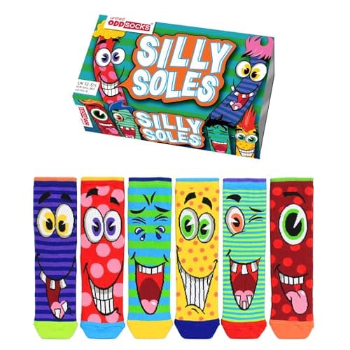 Image of United Oddsocks Silly Soles Gift Box for Kids – 6 Mismatched Character Socks – Funny Faces & Goofy Grins – 15 Mix & Match Combos – UK 12–5.5, US 13.5–8, EU 30.5–38.5 – Cotton Rich, Colourful Socks