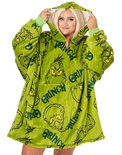 Image of The Grinch Adults Oversized Wearable Blanket | Men & Womens Fleece Sherpa Fluffy Embroidered Christmas Hooded Pullover | Seasonal Heavyweight Hoodie Loungewear | Xmas Movie Merchandise Gift Green