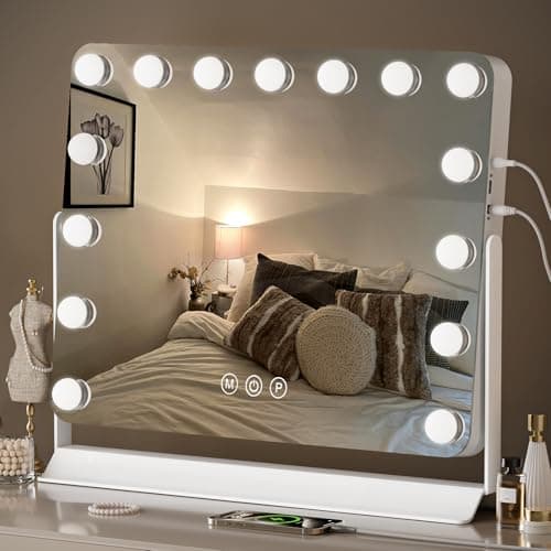 Image of Hollywood Vanity Mirror with Lights, 60x53cm XL Lighted Makeup Mirror with 15 Dimmable Bulbs, 360° Rotating, 3 Lighting Modes, Touchscreen Control, USB & Type C Output Port Tabletop Light Up Mirror
