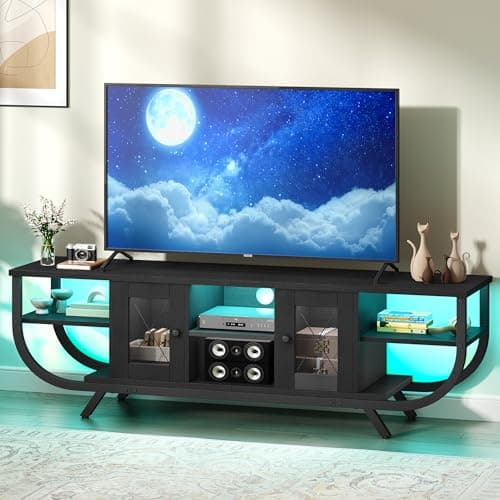 Image of YITAHOME Industrial 140cm TV Stand Cabinet with LED Lights,TV Unit with Storage Cabinets & Open Shelves, Metal Frame TV Cabinet Fits Up to 65 Inch TV for Living Room,Black