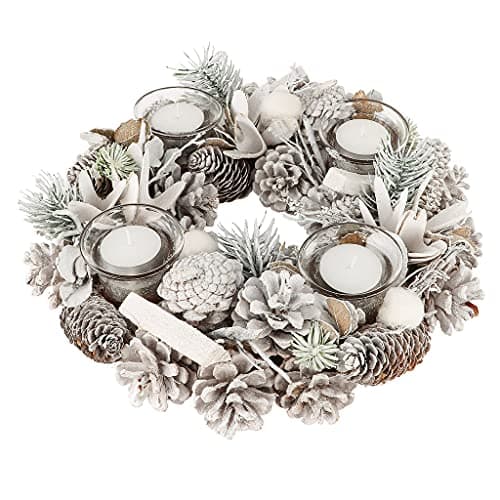 Image of White Frosted Pine Cone Christmas Wreath Dining Table Tea Light Holder Candle Holder Jar Centrepiece