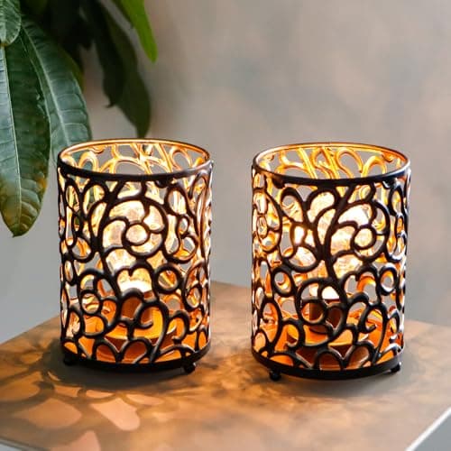 Image of JHY DESIGN Set of 2 Metal Battery Operated Table Lamp Vintage Cordless Lantern Lights with 6-Hours Timer Fairy Lights for Home Decor Living Room Bedroom Indoor Outdoor Wedding (Black)