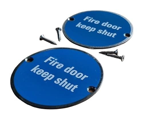 Image of FDKS, 2 pack, Approved FIRE DOOR KEEP SHUT signs, blue steel signs with white text, complete with fixing screws, 1 sign on each side of a fire door.
