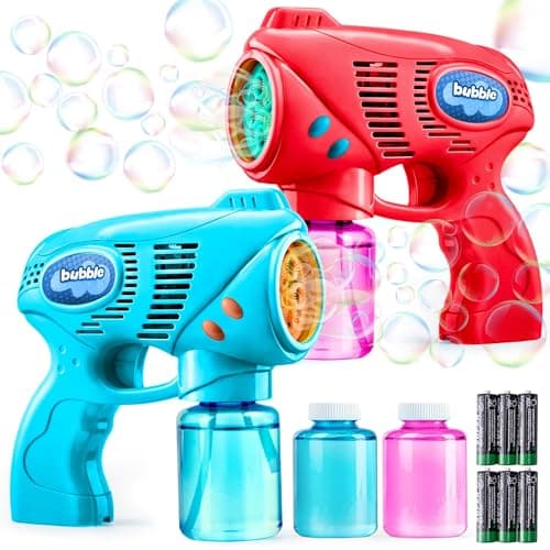 Image of JOYIN 2 Bubble Guns Age 3+ with 2 Bubble Solution (10 oz/260ml Total), Bubbles Maker, Blower, Machine Gun Blaster for Kids, Toddlers, Outdoors Activity, Party Bag Favors, Birthday Gift(Blue+Red)