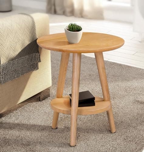 Image of Hallowood Furniture Waverly Oak Side Table with Shelf, 3-Leg Design Solid Oak Small Round Table for Living Room, Bedroom and Hallway, Fully Assembled Wooden Plant Stand