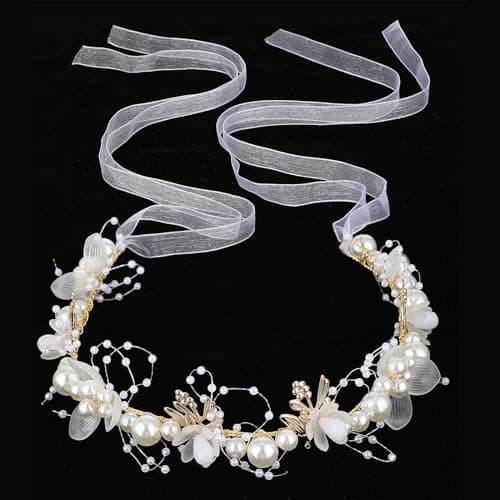 Image of Bremorou White Pearl Bridal Headpiece - Flower Girl Headband With Ribbon - Wedding Hair Accessory