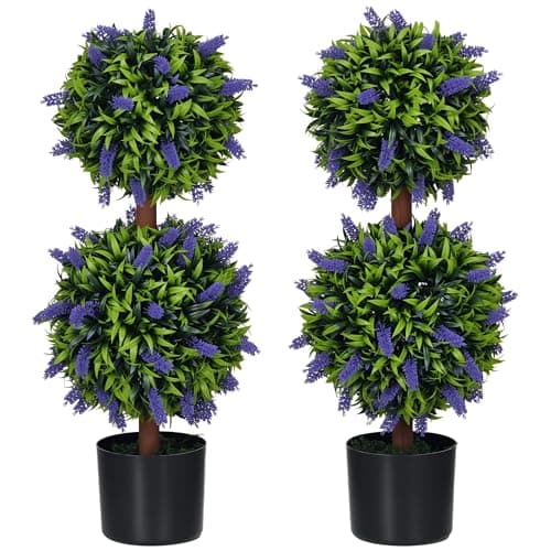 Image of HOMCOM Set of 2 Decorative Artificial Plants Ball Trees with Lavender Flowers in Pot Fake Plants for Home Indoor Outdoor Decor, 70cm, Green