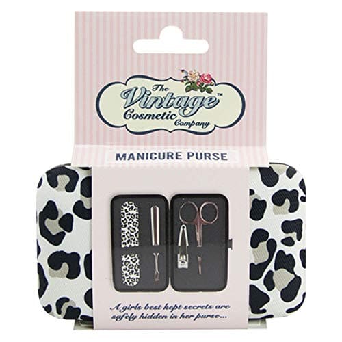 Image of The Vintage Cosmetic Company Manicure Purse, 4 Nail Manicure Set Tools, Stainless Steel Nail Scissors, Nail Clippers, Cuticle Pusher, Nail File Emery Board, Leopard Print Design