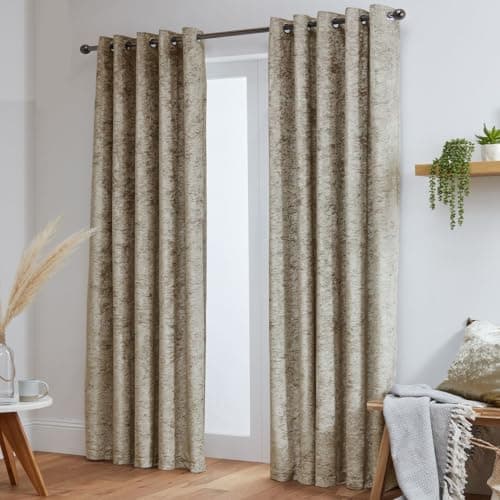 Image of John Aird Crushed Velvet Fully Lined Eyelet Curtains (Cream, 66" Wide x 54" Drop)