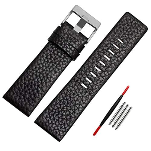 Image of Diesel Calfskin Leather Watch Band Strap with Tool 22mm 24mm 26mm 28mm 30mm Replacement for Men's Diesel Watches (Black, 24mm)