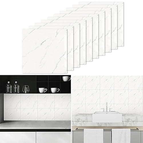 Image of Tarwanear Marble Tile Stickers 30 x 30cm 10PCS Self Adhesive Wall Tiles Bathroom Waterproof Peel and Stick Wall Moulding Panels PVC Stick on Tiles for Home Decor Kitchen Backsplash,White