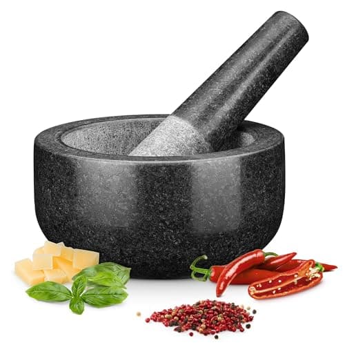 Image of H&S Pestle and Mortar Set, Premium Solid Granite Stone Mortar and Pestle Large Black - 16cm (6.3") Diameter - Pestle and Mortar Large