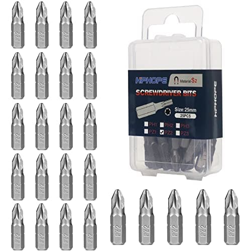 Image of HPHOPE PZ2 Bit x 25mm Length Screwdriver Bits, 1/4 Inch Standard Hex Fitting, 25 Bits per Box