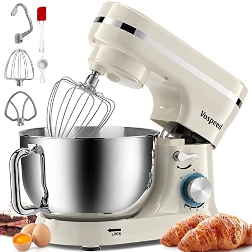 Image of Vospeed Stand Mixer, 4.5L+5L Bowls 8-speed 1000W Tilt-Head Food Mixer, Kitchen Electric Mixer with Dough Hook, Whisk, Beater, Splash Guard (Cream White)