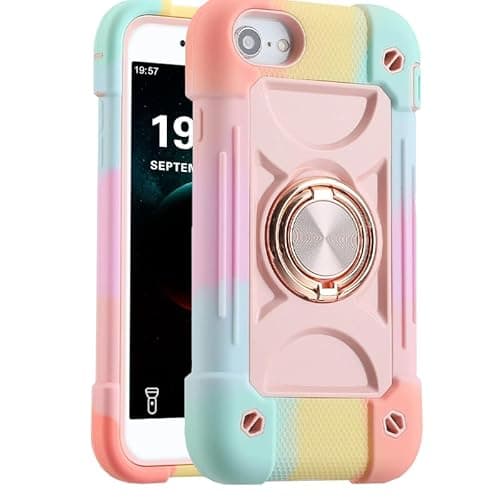 Image of Case for iPhone SE 2022/2020,Case for iPhone 8/7/6 with 360°Rotate Ring Stand, Military Grade Drop Shockproof, Full Body Protection, Heavy Duty, 3-Layer Protective Cover for iPhone SE/8/7/6 Pink