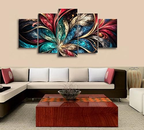 Image of 5 Piece Canvas Wall Art Colorful Abstract Floral Design Five Panel Framed Canvas Prints Modern Artistic Pattern Wall Decor for Living Room Bedroom Office Home Interior Decorative Artwork