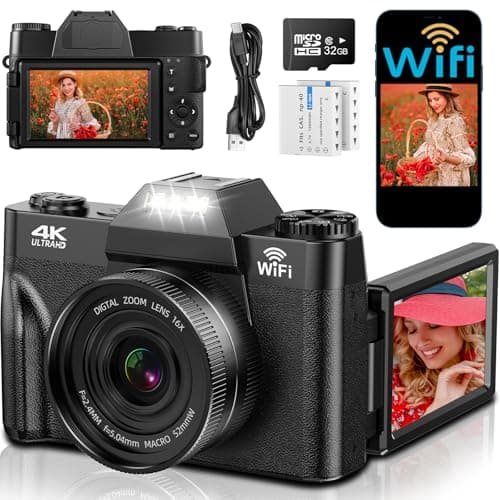 Image of 4K Digital Camera with WIFI, 75MP UHD Compact Cameras, 3 Inch 180° Flip Screen 16X Digital Zoom Autofocus Rechargeable Vlogging Camera with 32GB Card & 2 1500mAh Batteries for Beginners Teenagers