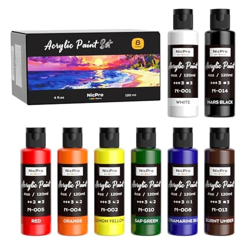 Image of Nicpro 8 Primary Colors Acrylic Paint Set(4 oz, 120 ml), Rich Pigment, Non Toxic Craft Paint for Multi Surface Canvas Wood Rock Fabric, Art Painting Supplies for Beginner Artist Adult with Color Wheel