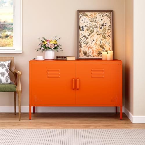 Image of SISESOL Orange Metal Storage Cabinet with Doors and Shelves,2 Door Wide Metal Locker Accent Storage Cabinet with Leg & Vent Hole,Wide TV Cabinets,Low Side Cupboard for Home,Office,Dining/Living Room
