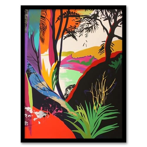 Image of Artery8 Colourful Abstract Trees Hills Lake Bright Bold Living Room Art Print Framed Poster Wall Decor 12x16 inch