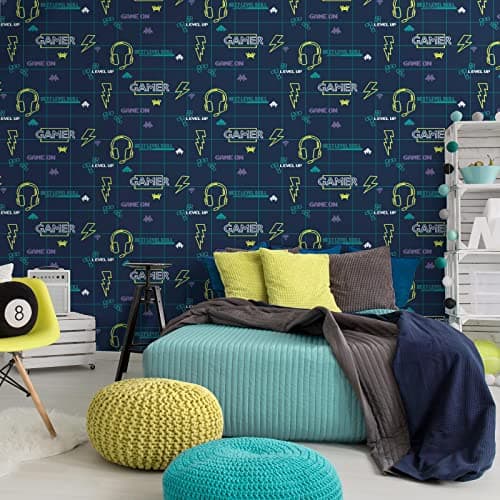 Image of Holden Gamer Wallpaper Retro Gaming Navy Blue/Neon Yellow 13310