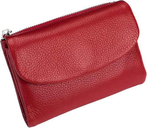 Image of Unisex Pebble Leather Wallet, Genuine Leather Coin Purse Wallet with Card Holder & Cash Slot, Small Zipper Pouch for Women & Men(Red)