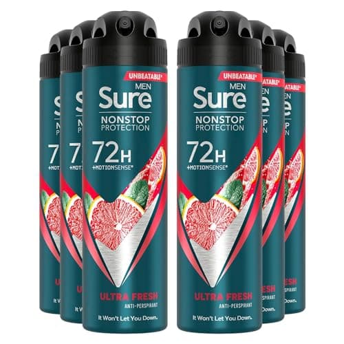 Image of Sure Antiperspirant 72H Nonstop Sweat and Odour Protection Alcohol-Free Body Spray Anti-White Marks with Fresh and Sporty Scent Multi Fragrance Deodorant for Men, 150ml Pack of 6 (Ultra Fresh)